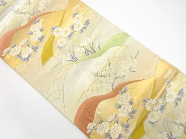 アンティーク　山並に花模様織り出し袋帯（材料）